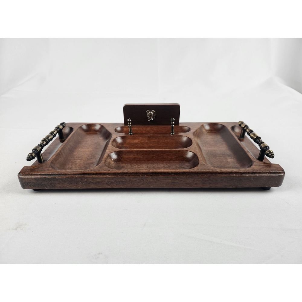 Vintage Swank Wood Valet Tray Mens Dresser Organizer Trojan Emblem Made in Japan
